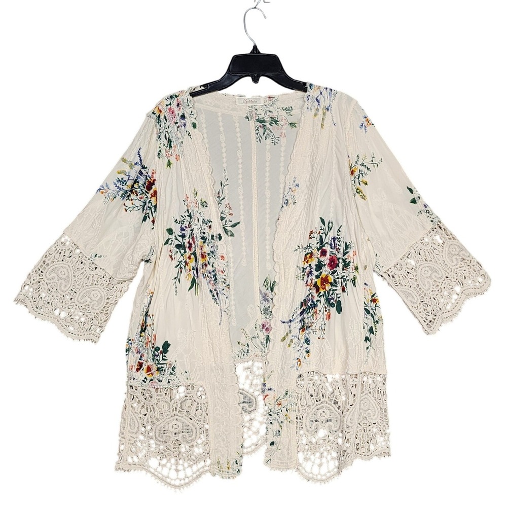 Solitaire Floral Crochet Lace Kimono Cardigan FloralCream Boho 2X Open Front